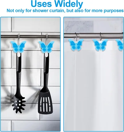 Vista 3 de AGPTEK Ganchos para cortina de ducha, ganchos decorativos de mariposa para baño, habitación de bebé, dormitorio, decoración de sala de estar (azul)
