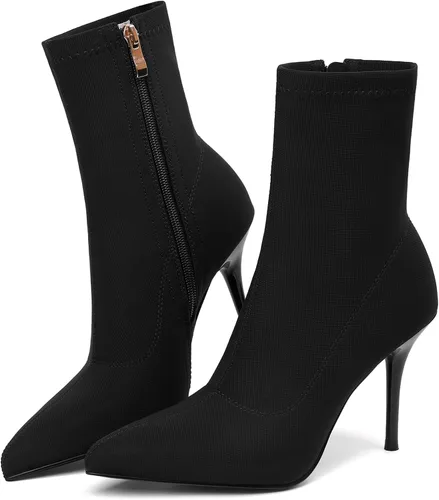 Vista 7 de vivianly Botines elásticos con punta puntiaguda, botas de tobillo a media pantorrilla, botas de tacón de aguja para mujer negro (Black-Stretch)