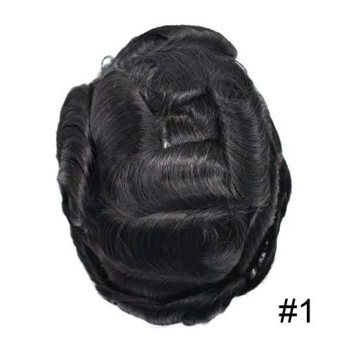 Vista 2 de Cabello humano para hombres, tupé, piezas de cabello humano europeo, todas las piezas de cabello con bucle en V, 0.002 in, piel fina, sistemas
