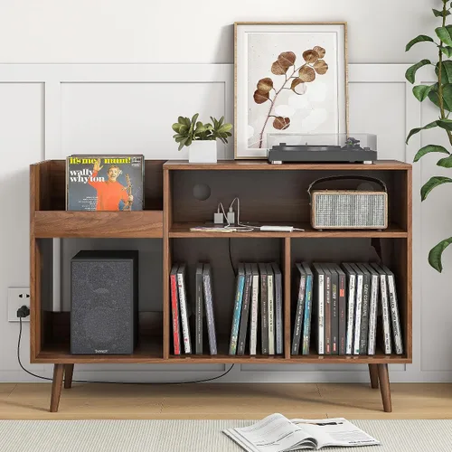 Vista 8 de Jluomei Mid-Century - Soporte para tocadiscos con gabinete de almacenamiento para discos de vinilo, mesa de jugador con toma de corriente, soporte