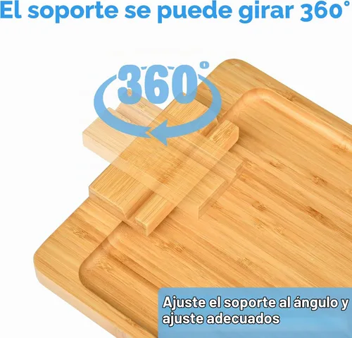 Vista 3 de Bandeja para apoyabrazos de sofá NAVREX con clip, mesa auxiliar de bambú con bandeja para TV, con soporte giratorio de 360° para teléfono, mesa