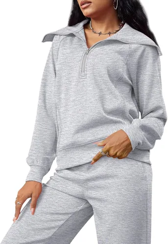 Vista 5 de XIEERDUO Conjuntos de descanso para mujer 2023 sudadera de gran tamaño con media cremallera y pantalón deportivo de pierna ancha de 2 piezas