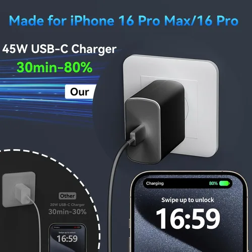 Vista 4 de Cargador para teléfono 17 16 Pro Max de carga rápida, bloque de carga USB C súper rápido de 45 W con cable de carga de 6.6 pies para 17 16 Pro