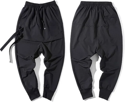 Vista 7 de RLJT JIN Pantalones de harén de cintura elástica para hombre, pantalones deportivos elásticos de hip hop con cordón, pantalones holgados de ajuste