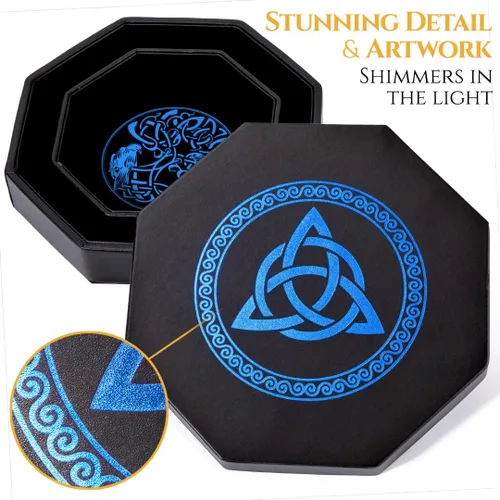 Vista 4 de DND Bandeja de dados – Bandeja de 9 pulgadas de calidad prémium Dungeons and Dragons – Exquisitamente detallado diseño de árbol del mundo azul