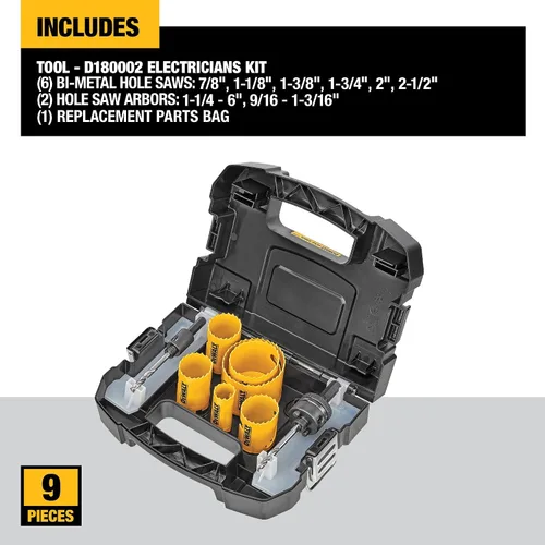 Vista 2 de Kit de sierras perforadoras bimetálicas DeWalt D180002 para electricistas.