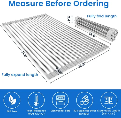 Vista 2 de Escurridor de platos enrollable de acero inoxidable 304 Romise Adjustable Over The Sink Dish Drying Rack for Kitchen, 10"-20" Foldable Dish Rack