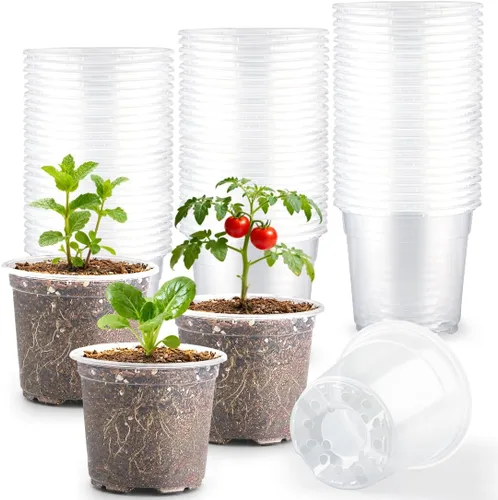 Vista 14 de RooTrimmer Paquete de 100 macetas transparentes de 2.8 pulgadas con agujeros de drenaje, macetas transparentes para semillero, macetas redondas