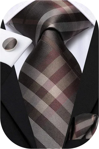Vista 332 de Hi-Tie Corbata clásica de cachemira para hombre con pañuelo y gemelos a cuadros