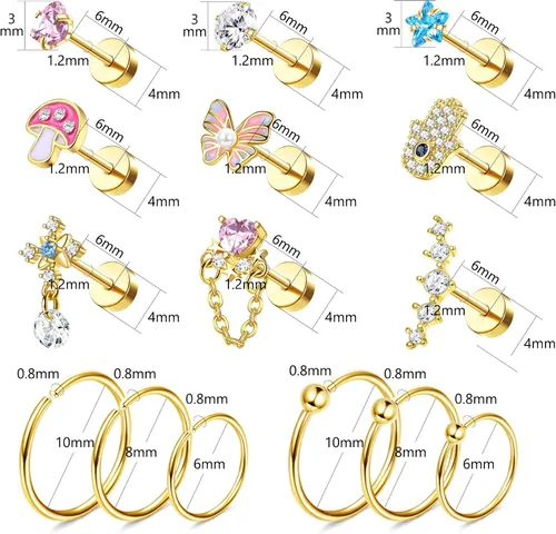 Vista 2 de 15 Pcs Cartilage Earring Stud Set For Women Hypoallergetic 20G Helix Conch Hoop 16G Flat Back Stud Dangle Earrings Small Stainless Steel Screw Back