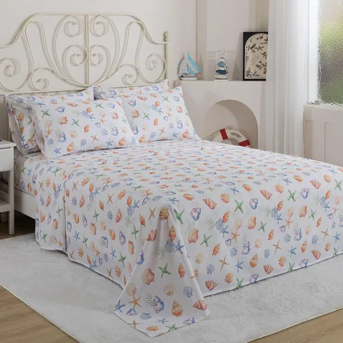 Vista 15 de FADFAY Juego de sábanas Queen con temática de playa, 100% algodón, ropa de cama costera súper suave, ropa de cama náutica de conchas marinas y Aqua