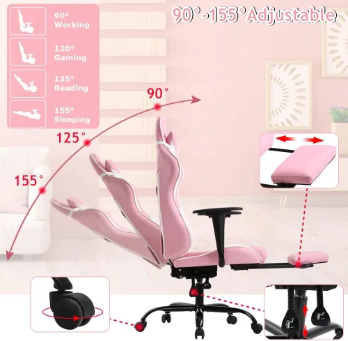 Vista 6 de Silla de oficina para videojuegos, silla de ordenador de respaldo alto, ergonómica para PC con soporte lumbar y reposapiés retráctil, de piel