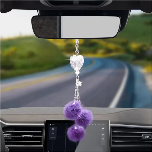 Vista 11 de Dickno Adorno Colgante Brillante para Coche, Divertido Pendiente de Corazón de Amor y Bola de Peluche Rosa para Espejo Retrovisor para Mujeres