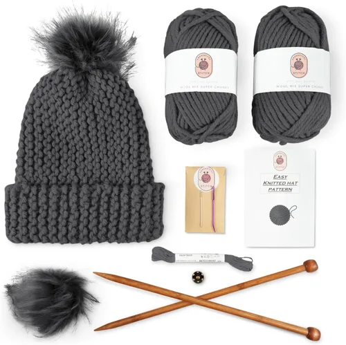 Vista 8 de Kits de tejido para principiantes y adultos – Kit de tejer sombrero práctico y fácil de usar con hilo, agujas de tejer de bambú, pompón sintético