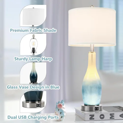 Vista 6 de BesLowe Juego de 2 lámparas de mesa de cristal de 26 pulgadas de alto con 2 puertos de carga USB y luz nocturna LED, lámparas de mesa costeras