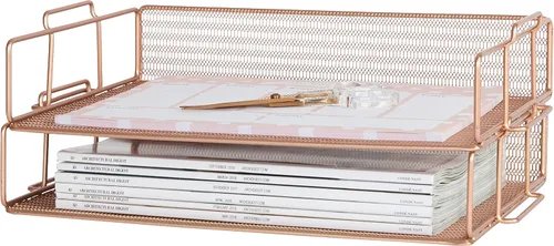 Vista 6 de BLU MONACO Aqua Mesh Juego de 2 Bandejas de Papel Bandejas Apilables para Cartas para Almacenamiento de Escritorio Soporte de Documentos