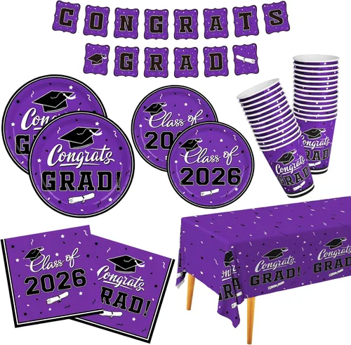 Vista 12 de Decoraciones de graduación de clase de 2026, juego de vajilla de fiesta de graduación de graduación negro y dorado, platos de papel desechables