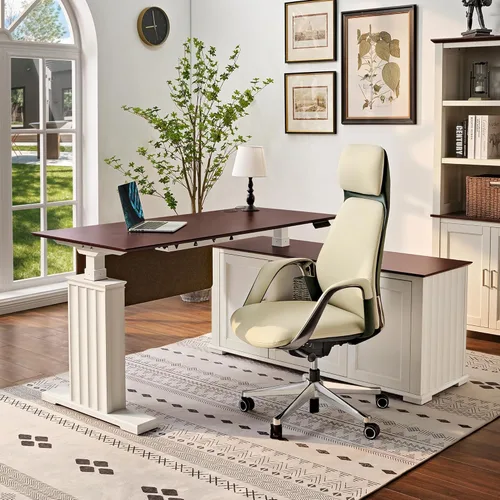 Vista 11 de EUREKA ERGONOMIC Escritorio de pie de cuero, escritorio ejecutivo de 1.52 m con cajones, escritorio moderno de pie y sentado con patas en forma de X