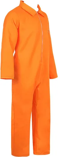 Vista 2 de Grebrafan Disfraz de prisionero para hombre, overol de Halloween para adultos de prisión naranja