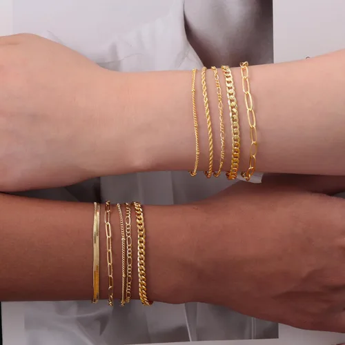Vista 6 de Picuzzy Pulseras de oro para mujer, de oro real de 14 quilates, apilables, impermeables, juego de joyas para mujer, a la moda, delicadas, bonitas