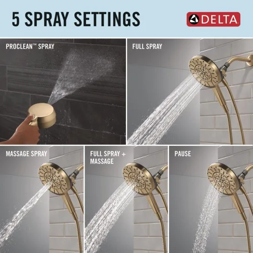 Vista 4 de Delta In2ition - Cabezal de ducha doble 2 en 1 de 5 ajustes con spray ProClean de alta presión de mano, cabezal de ducha desmontable dorado