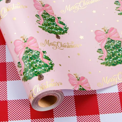 Vista 15 de Homeral Rollo de papel de regalo de Navidad, Papá Noel, muñeco de nieve y lazo y bastones de caramelo rosados, envoltura de regalo reversible