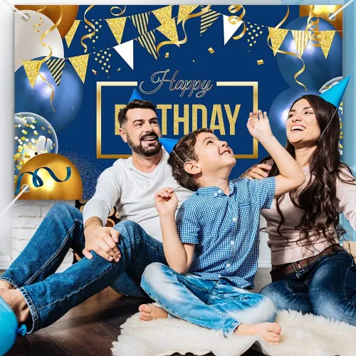 Vista 5 de Cartel de decoración de feliz cumpleaños, globos grandes azul marino y dorado, póster temático para niños, hombres y mujeres, cartel de celebración