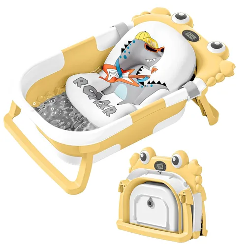 Vista 7 de Bañera plegable para bebés recién nacidos con termómetro y almohadilla flotante suave Bañera portátil y plegable para viajes para bebés de 0 a 36