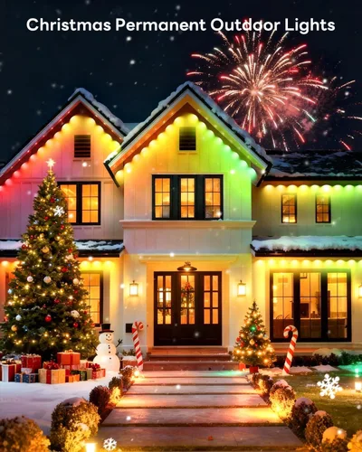 Vista 2 de Pak Luces exteriores permanentes, 50 pies de luces LED RGB+IC inteligentes para la casa - Luces de cornisa impermeables IP67 para Halloween, Navidad