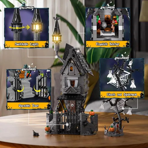 Vista 3 de Juego de construcción de mansión embrujada de Halloween 2026, juego de bloques de construcción de casa embrujada antes de Navidad, calabazas que