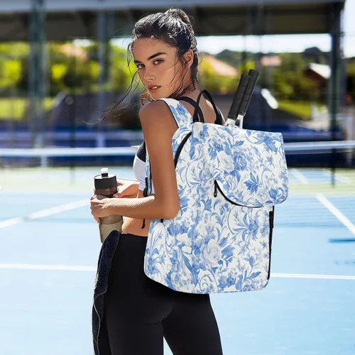 Vista 7 de Mujeres Hombres Bolsa de Tenis Resistente al Agua Vintage Azul Blanco Rosas 3 Raquetas Bádminton Bolso de Hombro para Mujeres Hombres de Tenis