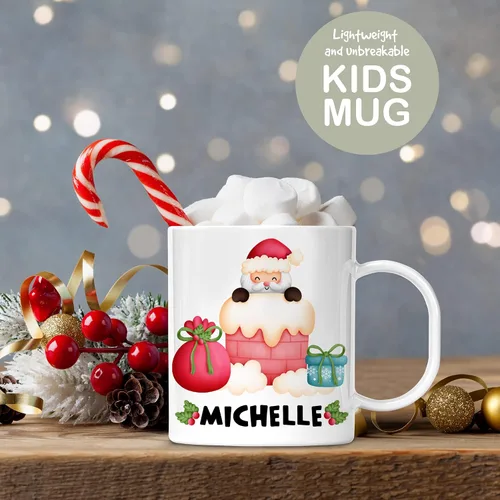 Vista 2 de Taza personalizada de Santa para niños, Papá Noel en chimenea, polímero ligero