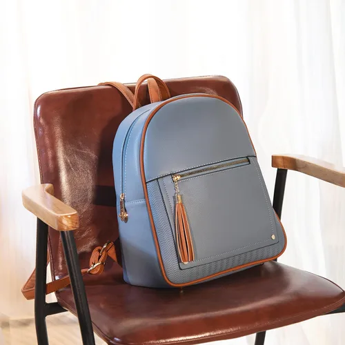 Vista 7 de Montana West Mochila pequeña para mujer, mochila antirrobo con cremallera segura y borla, Mochila azul y marrón, Classic