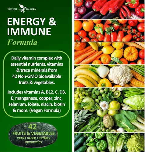 Vista 2 de Potent Garden Multivitamínico para hombres y mujeres – 42 frutas y verduras, probióticos y enzimas, suplemento alimenticio integral diario