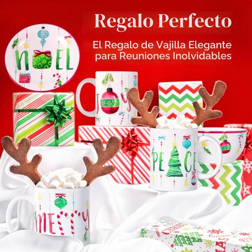 Vista 6 de American Atelier Juego de vajilla de gres con temática navideña de 16 piezas - Verde/Rojo