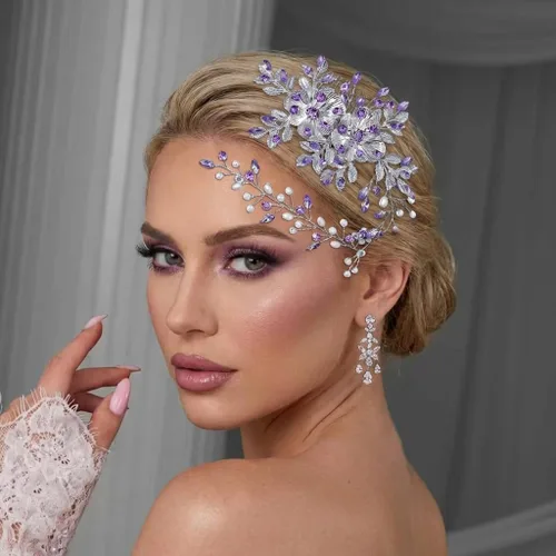 Vista 11 de Diadema nupcial con peine para el cabello - Diadema de boda para novias (azul)