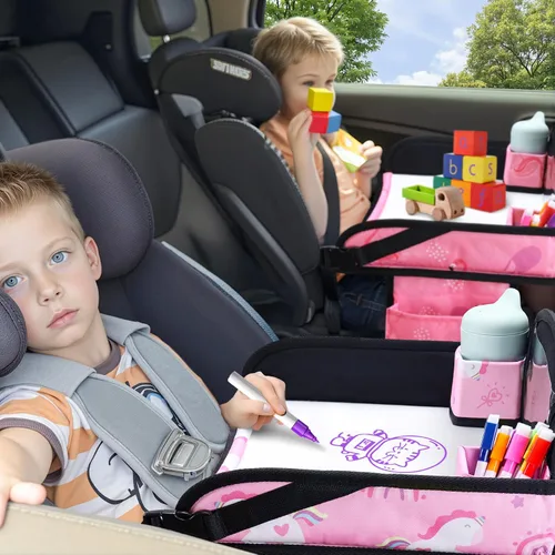 Vista 5 de 2 piezas Bandeja de viaje para niños, bandeja para asiento de coche para niños Viaje, Esenciales de viaje en carretera para niños con kit de dibujo