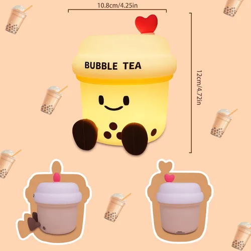 Vista 7 de OkiyiD Regalos de té Boba para los amantes del té con leche, bonita luz nocturna de té de burbujas, lámpara de silicona de té Boba para guardería