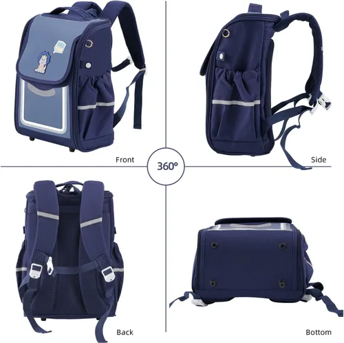 Vista 6 de KEBI Mochila escolar para niños con lindo dinosaurio azul marino bolsa escolar totalmente abierta para niño de 7 a 12 años, Desmontable Gris Marino