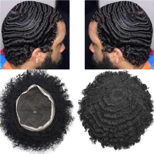 Vista 40 de Peluca de encaje suizo rizado afro para hombre, sistema de repuesto de peluca de encaje completo, extensiones duraderas de cabello humano #1 Negro