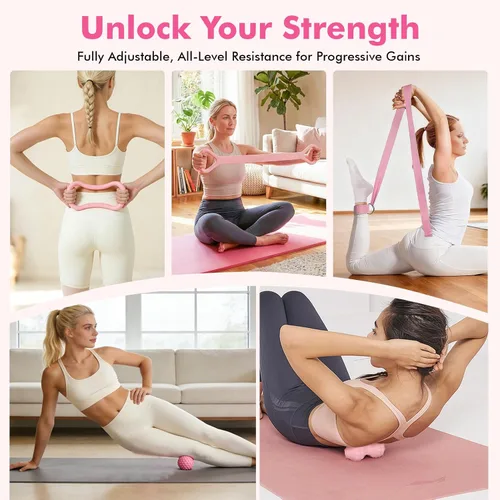 Vista 3 de Pilates Equipment Kit for Women, Pink Ring Ball Bands, Home Workouts 15 piezas
