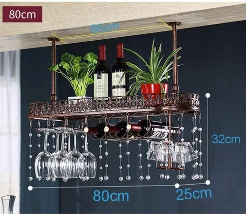 Vista 6 de Wall-Mounted Wine Rack 100x35cm, Metal Wine Bottle & Glass Holder with Shelf, Vintage Bar Storage Organizer(80x35cm)