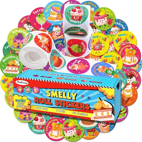 Vista 11 de HORIECHALY 3 Rollos de Calcomanías para Raspar y Oler para Niños, 600 Piezas de Calcomanías con Aroma, Calcomanías de Recompensa para Niños