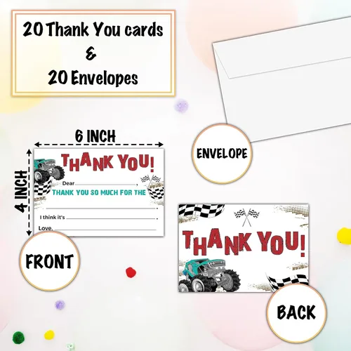 Vista 2 de Tarjetas de agradecimiento de camiones monstruo, tarjeta de agradecimiento con espacio para rellenar con temática de Monster Jam, notas
