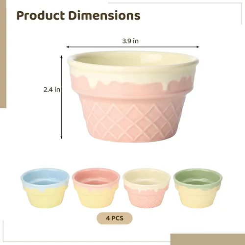Vista 5 de 4 cuencos con diseño de helado, tazas de postre de cerámica con textura de gofre, cuencos de ramekin multicolor con esmalte fácil de limpiar, 3.9 x