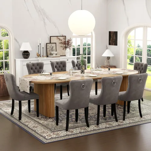 Vista 38 de Juego de mesa de comedor ovalada extensible con 4 sillas tapizadas de terciopelo de alta gama, mesa de cocina de 59 a 91 pulgadas y sillas