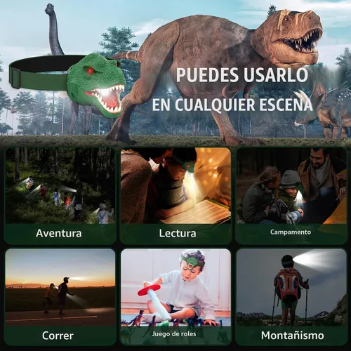 Vista 3 de Dysaim Linterna Frontal de Dinosaurio para Niños Linterna Equipo de Campamento al Aire Libre Lámpara Frontal LED de Lectura, Accesorios