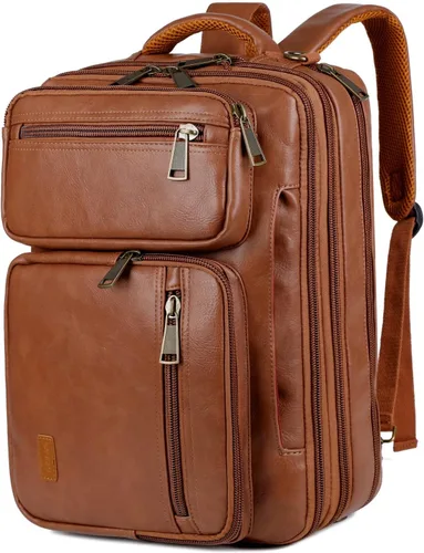Vista 7 de Mochila de cuero vegano para laptop, maletín híbrido, mochila de viaje para laptop de 15.6 pulgadas, mochila de senderismo, mochila universitaria