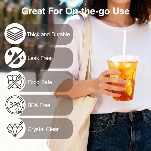 Vista 4 de Tazas de café helado To Go de 16 onzas con tapas y pajitas, paquete de 25 vasos desechables de plástico transparente con tapas para café helado