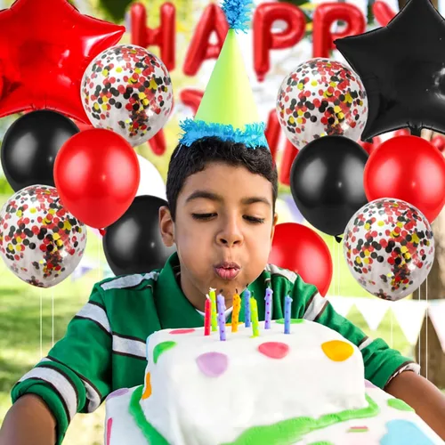 Vista 6 de Decoraciones de cumpleaños para hombres y mujeres, globos negros y rojos, pancarta de feliz cumpleaños, cortina metálica con flecos para fiesta